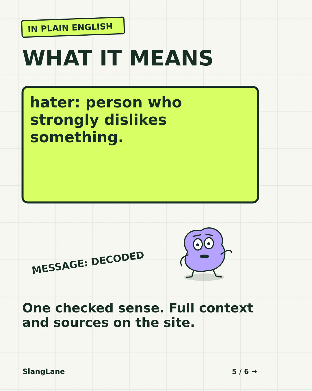 WHAT IT MEANS — hater: person who strongly dislikes something.